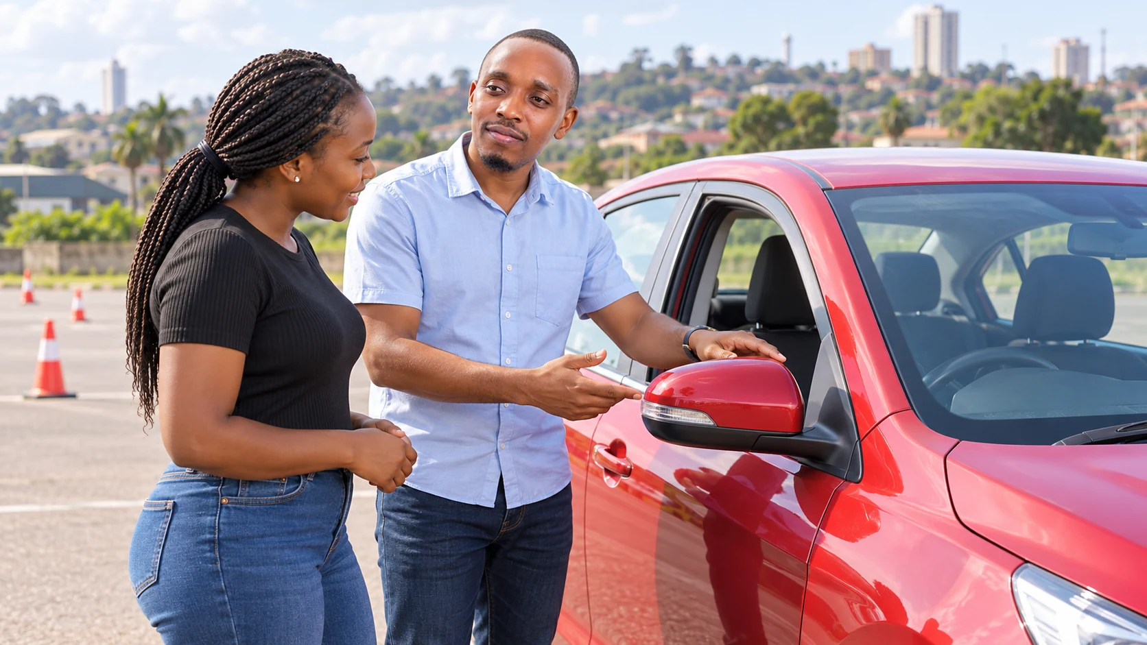 VSMART director and learner discussing mirror checks beside a car