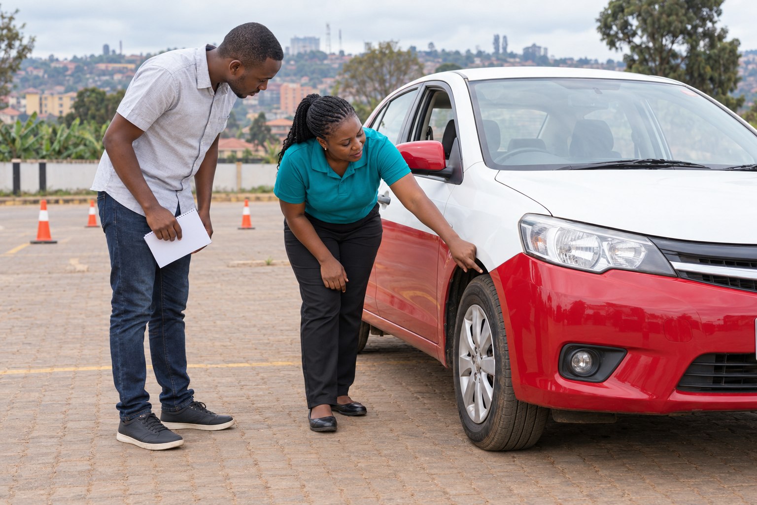 Instructor demonstrating a tyre check to an adult learner