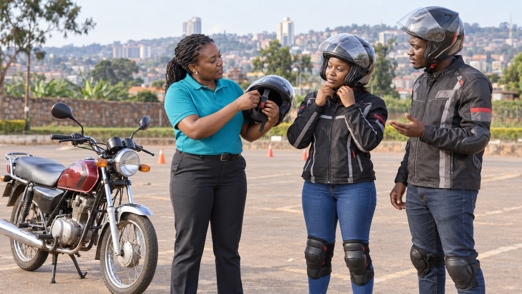 Rider instructor checking helmet fit with two adult learners